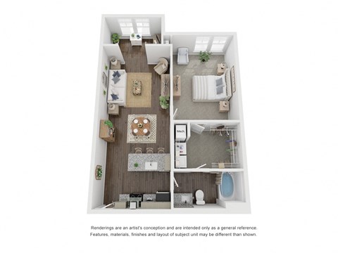 Floor plan for 1 bed, 1 bath, 884 sqft